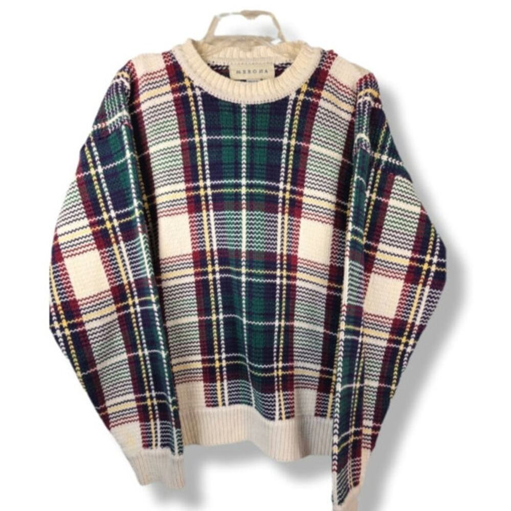 Vtg 90s Merona Tartan Plaid Knit Sweater Size L Outdoor Preppy